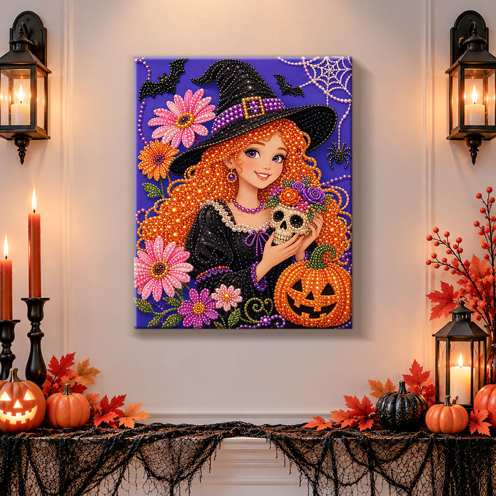 Finished cute witch holding skull pearl diamond painting artwork displayed as holiday home decor