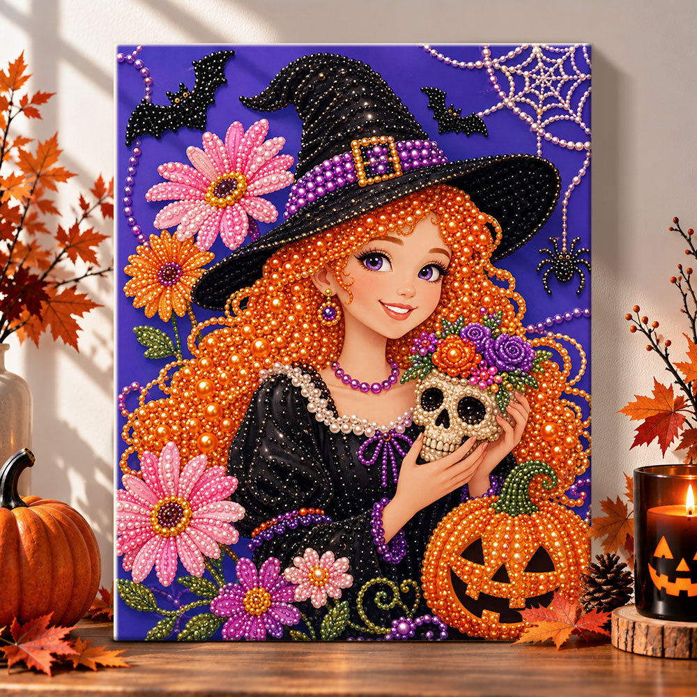 Cute witch holding skull pearl diamond painting kit for beginners