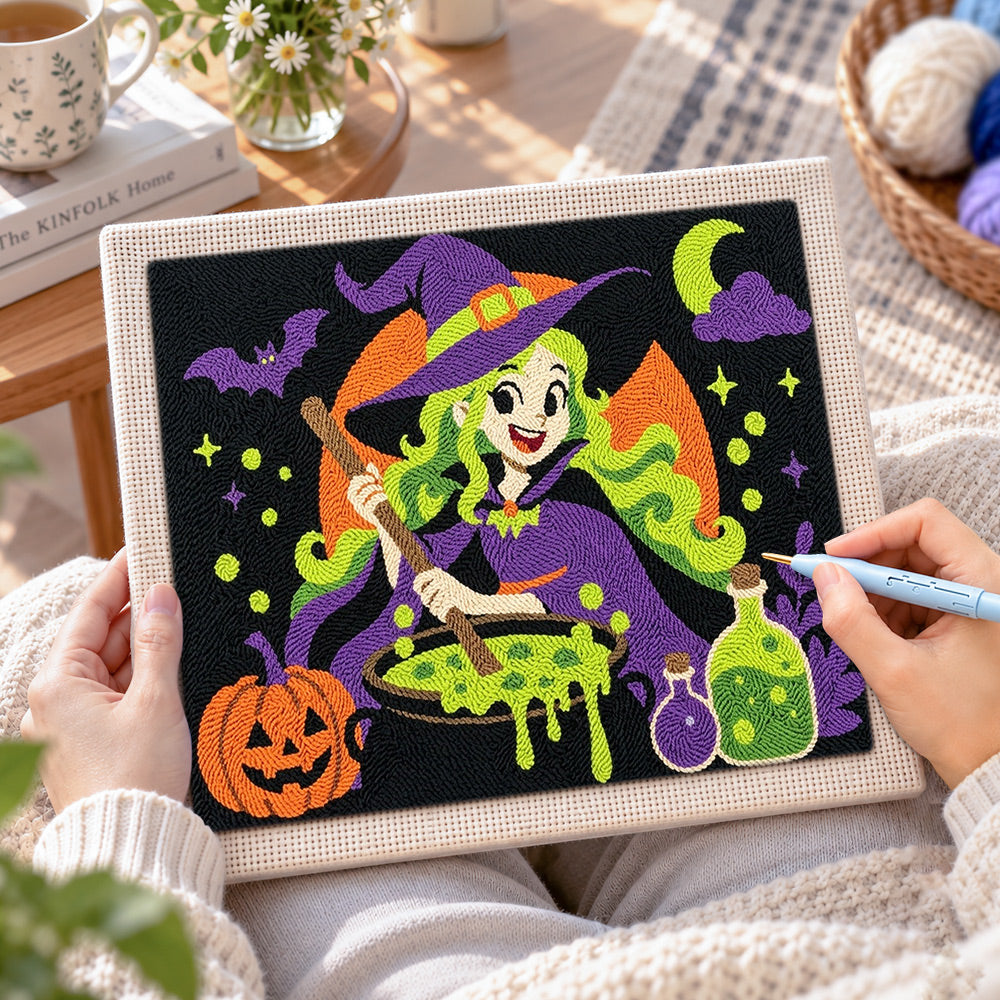 Creating handmade cute witch making potion punch needle artwork