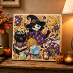 Finished cute witch with broom pearl diamond painting artwork displayed as holiday home decor