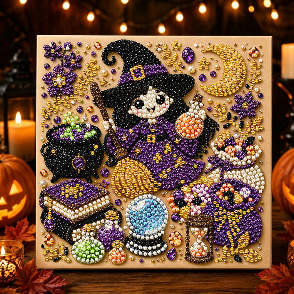 Cute witch with broom pearl diamond painting kit for beginners