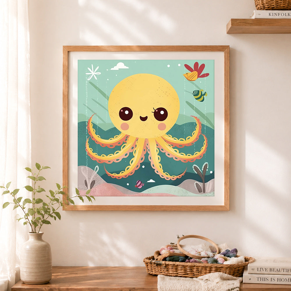 Finished cute yellow octopus cross stitch artwork displayed as home decor