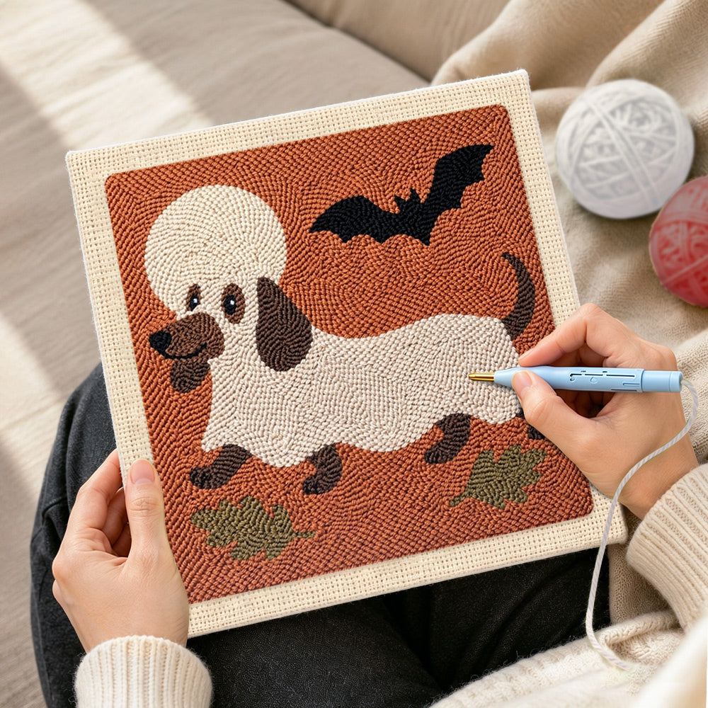 Creating handmade dachshund ghost disguise punch needle artwork