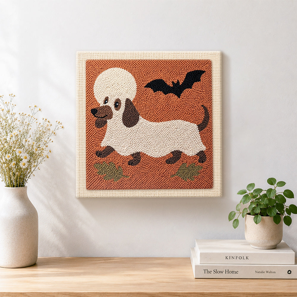 Finished dachshund ghost disguise artwork displayed on a wall