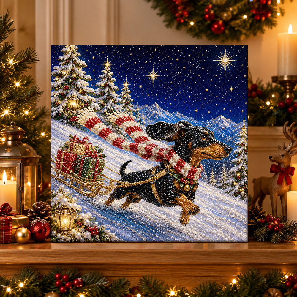 Finished dachshund pulling gift sled pearl diamond painting artwork displayed as holiday home decor