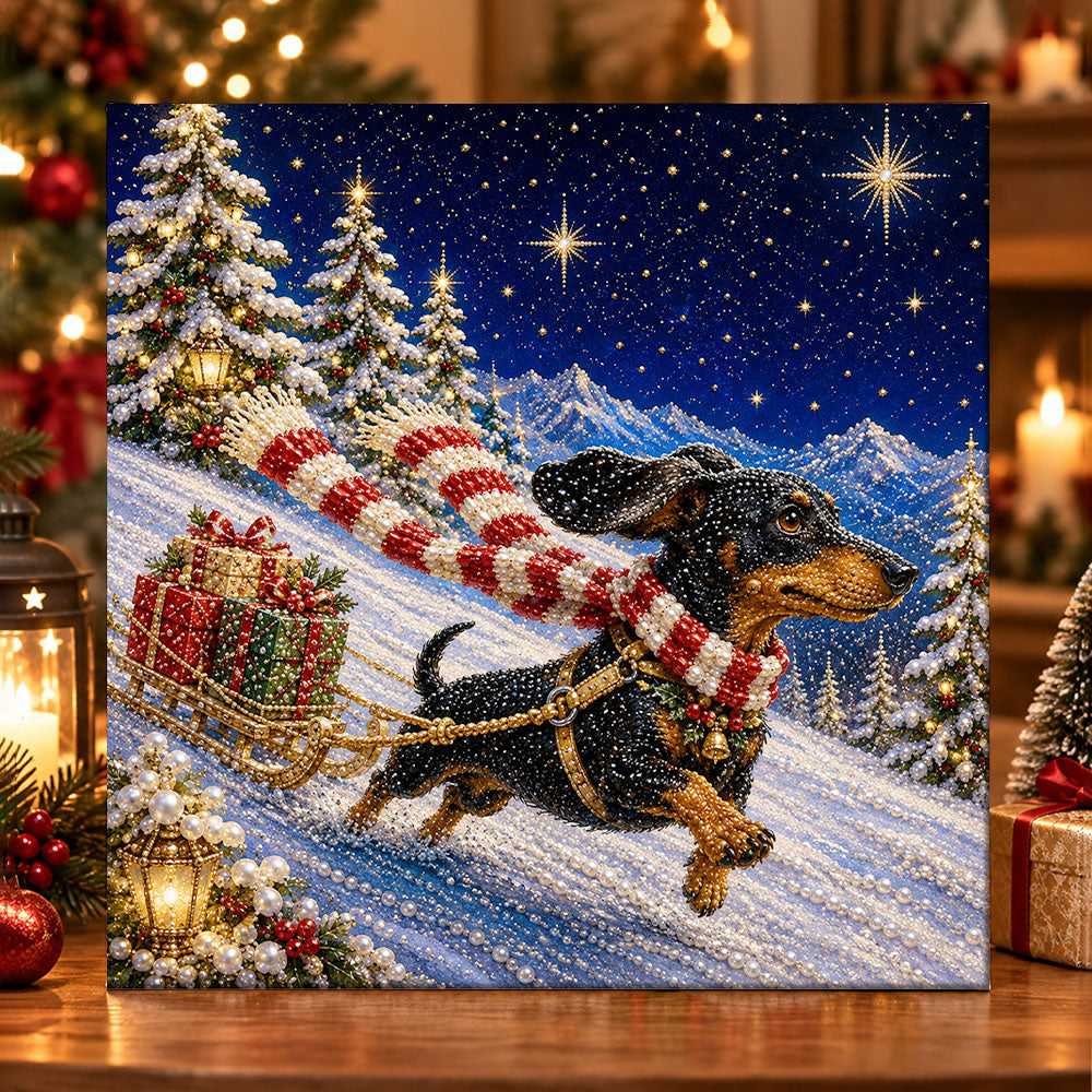 Dachshund pulling gift sled pearl diamond painting kit for beginners
