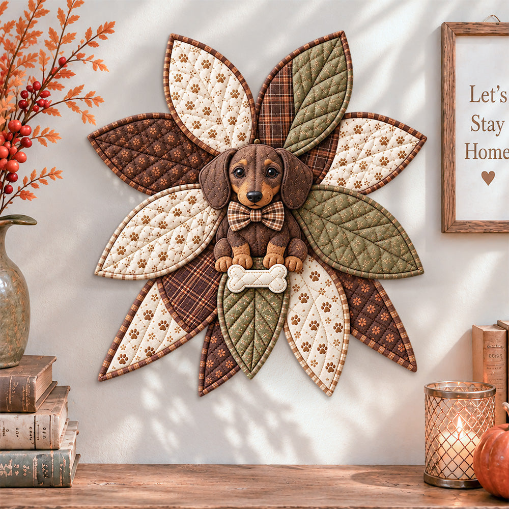 Dachshund quilted bow displayed as handmade wall decor in a cozy home
