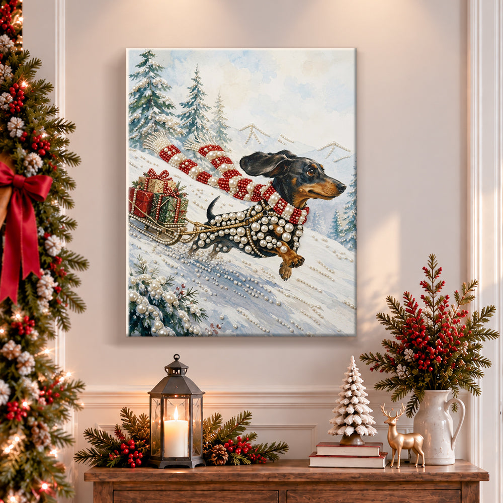 Finished dachshund sledding through snow pearl diamond painting artwork displayed as holiday home decor