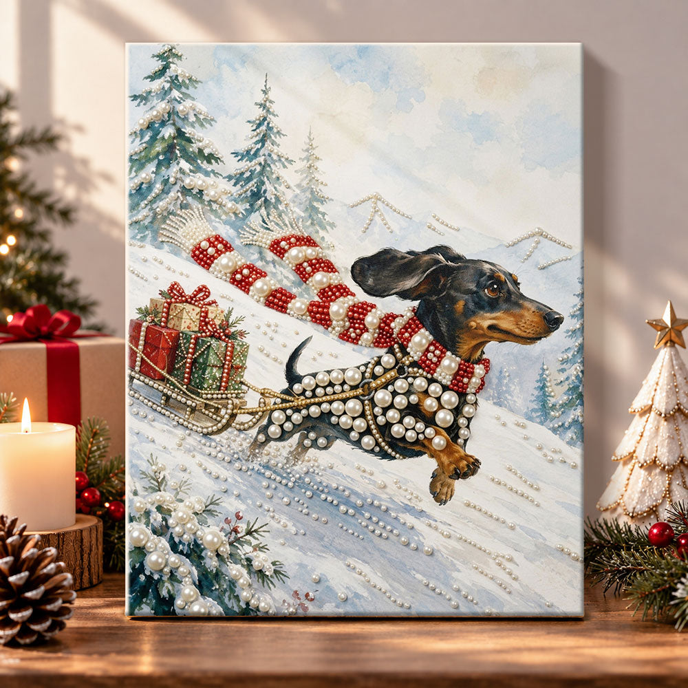 Dachshund sledding through snow pearl diamond painting kit for beginners