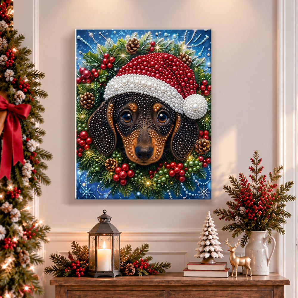 Finished dachshund surrounded by holly pearl diamond painting artwork displayed as holiday home decor