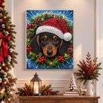 Finished dachshund surrounded by holly pearl diamond painting artwork displayed as holiday home decor