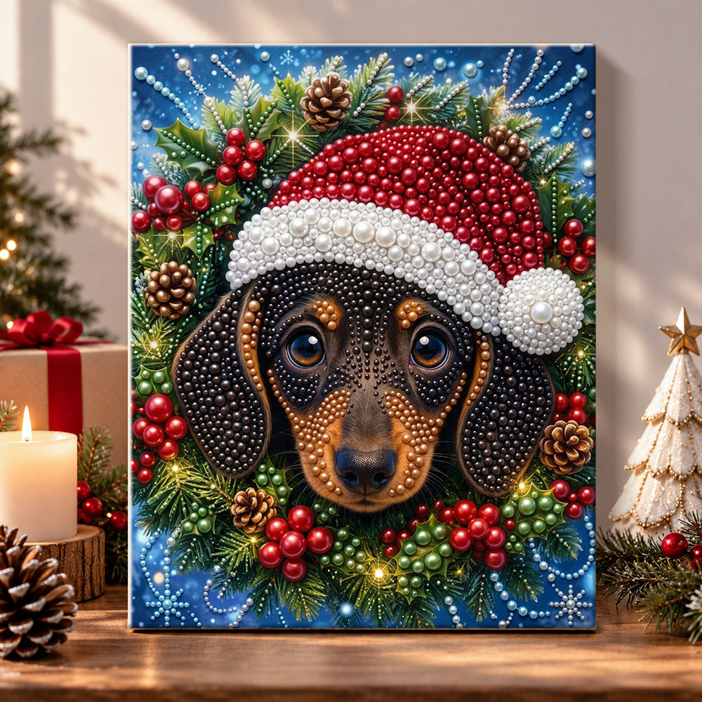 Dachshund surrounded by holly pearl diamond painting kit for beginners
