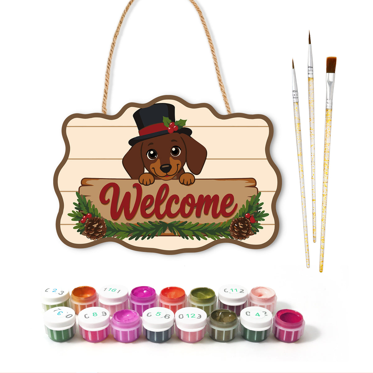 Dachshund welcome paint by numbers door hanger with paints and brushes