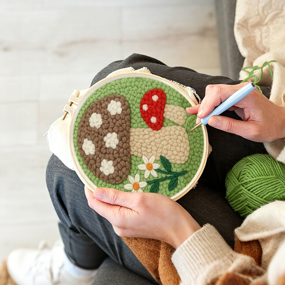 Creating handmade daisies and mushrooms punch needle artwork