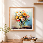 Finished daisies glass vase cross stitch artwork displayed as home decor
