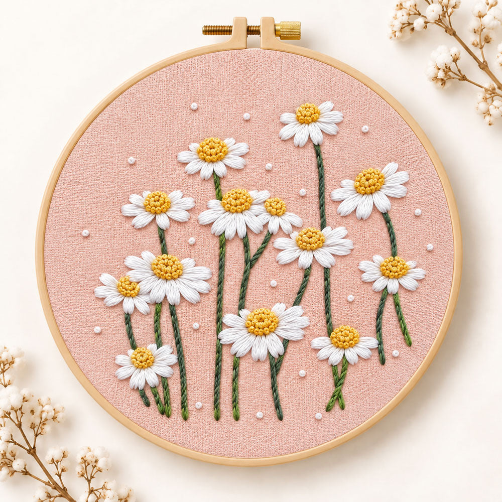 Daisies on dusty pink fabric embroidery kit