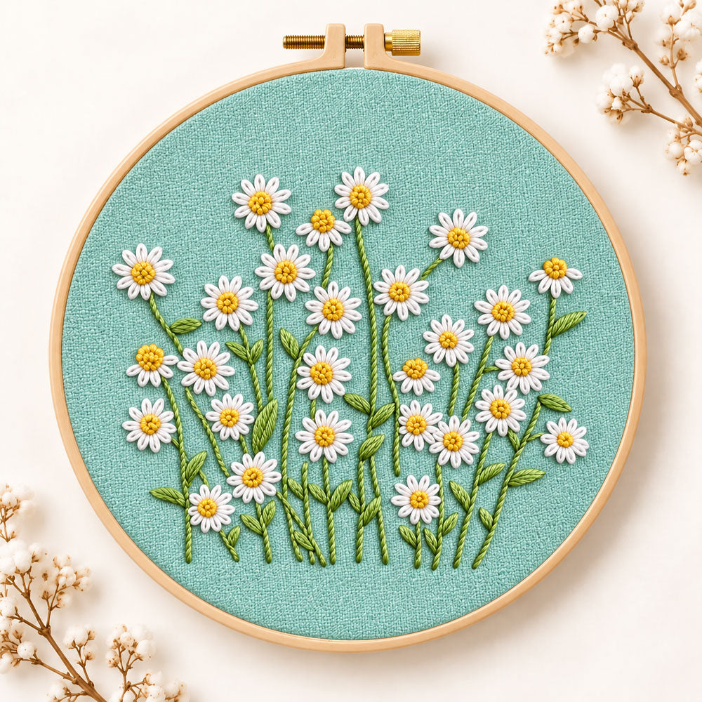 Daisies on teal fabric embroidery kit