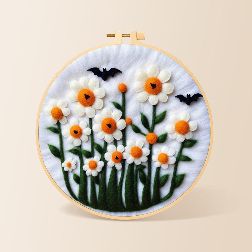 Daisies with bats on white needle felting kit for beginners with a round wooden frame