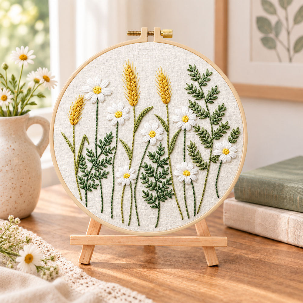 Daisy and wheat embroidery kit finished hoop displayed on a wooden stand as cozy tabletop decor