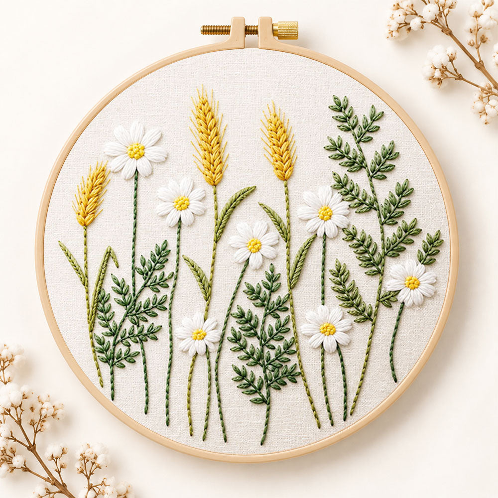 Daisy and wheat embroidery kit