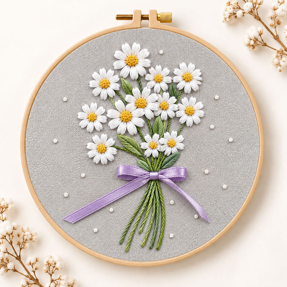 Daisy bouquet with purple ribbon embroidery kit