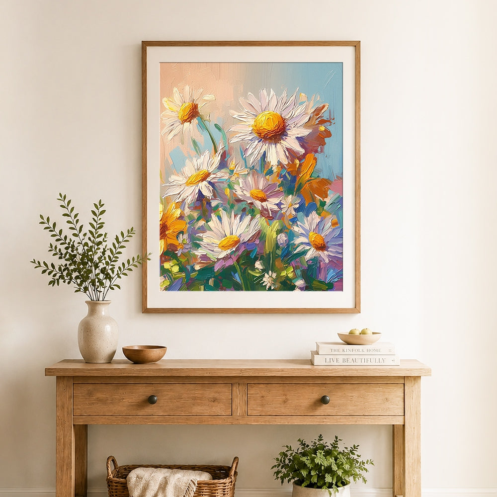 Finished daisy flowers with yellow centers cross stitch artwork displayed as home decor