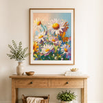 Finished daisy flowers with yellow centers cross stitch artwork displayed as home decor