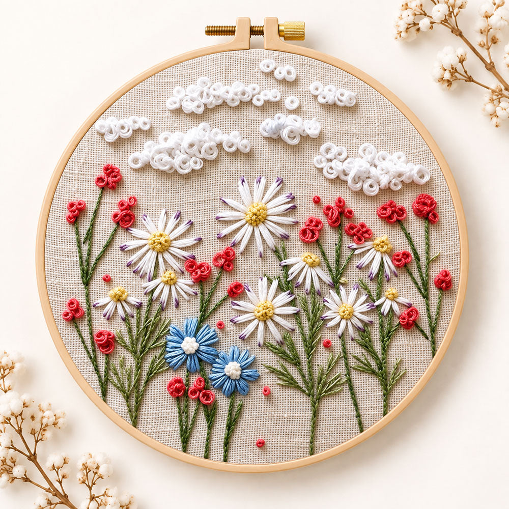Daisy garden with clouds embroidery kit