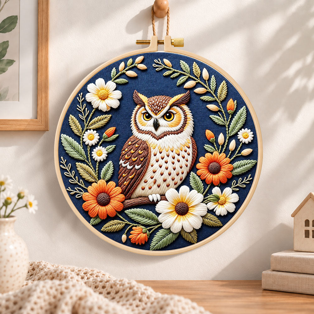 Daisy wreath owl embroidery hoop wall art displayed as warm and cozy handmade home decor