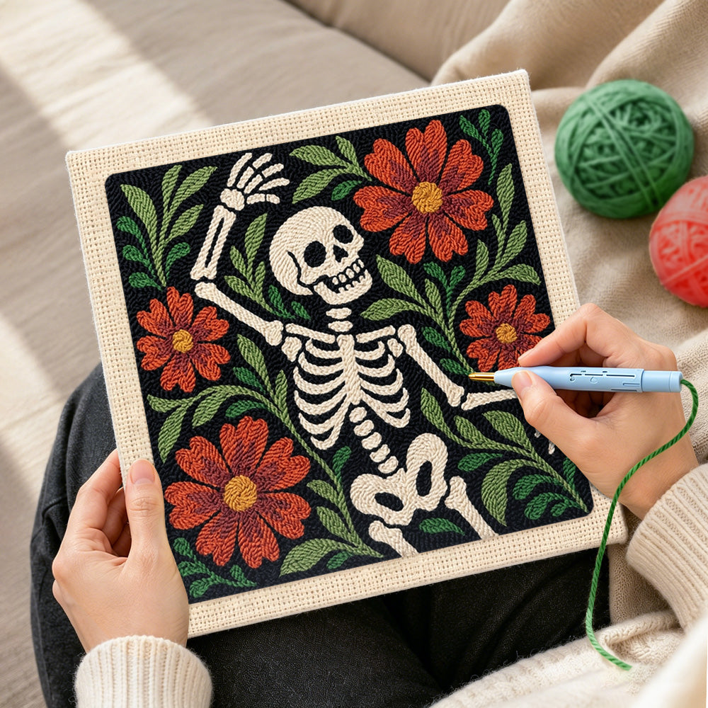 Creating handmade dancing floral skeleton punch needle artwork