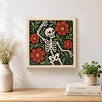 Finished dancing floral skeleton artwork displayed on a wall