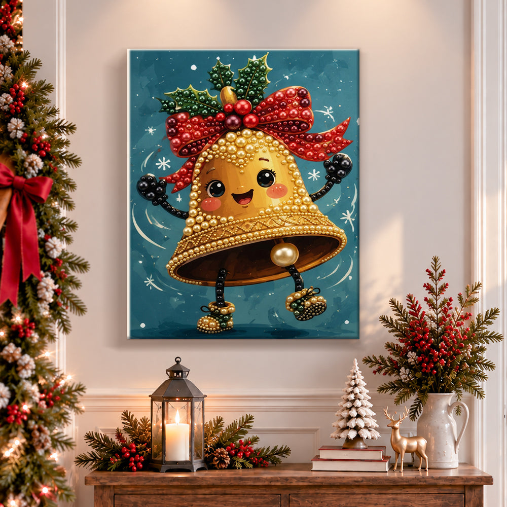 Finished dancing golden christmas bell pearl diamond painting artwork displayed as holiday home decor