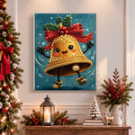 Finished dancing golden christmas bell pearl diamond painting artwork displayed as holiday home decor