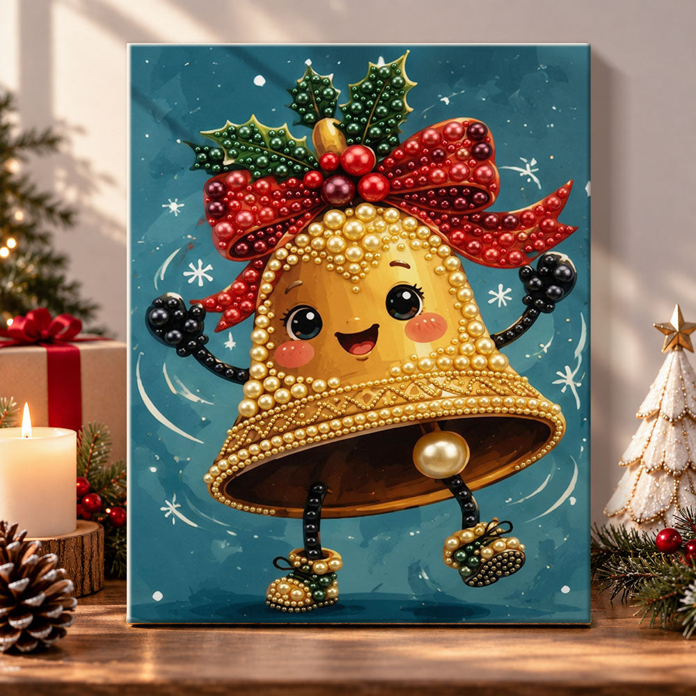 Dancing golden christmas bell pearl diamond painting kit for beginners