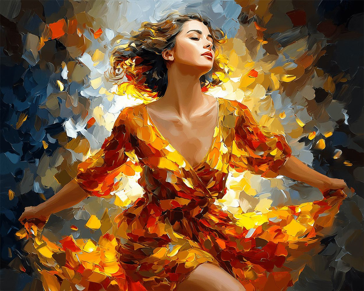 Dancing lady in golden hues cross stitch kit for beginners