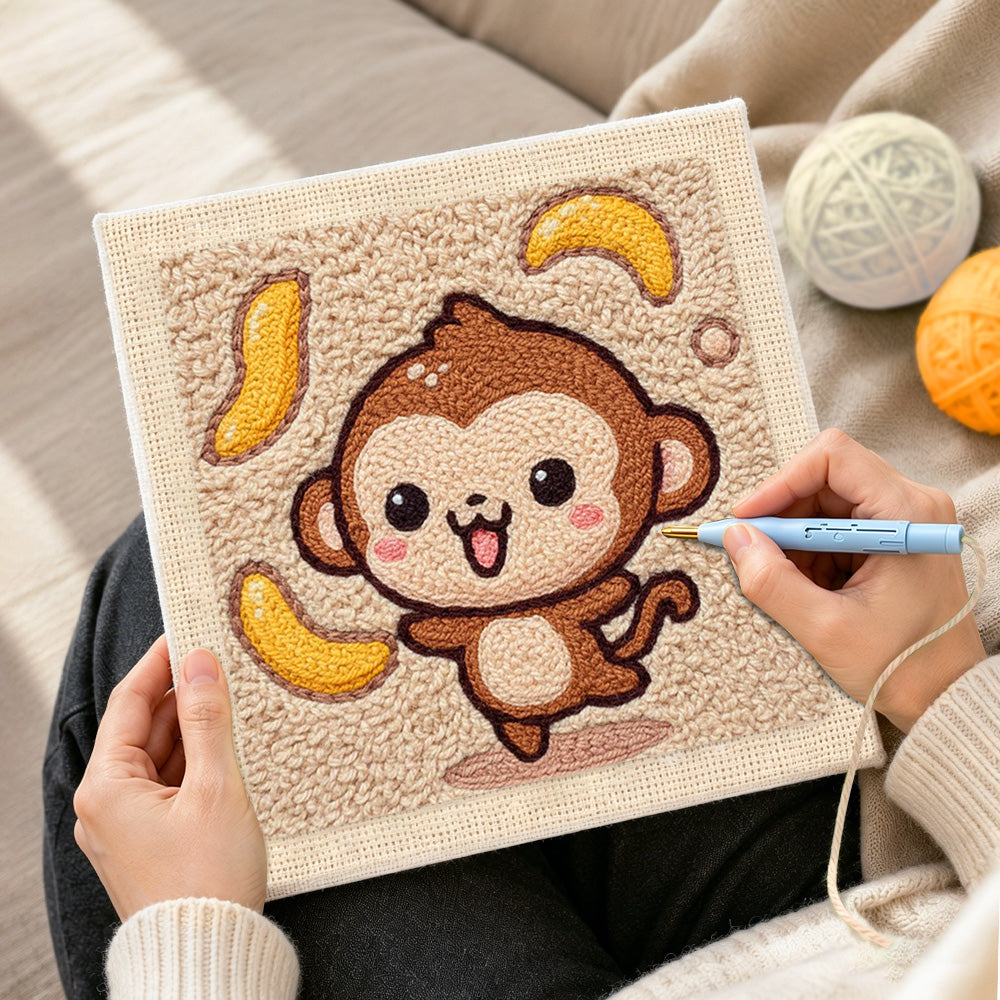 Creating handmade dancing monkey with flying bananas punch needle artwork