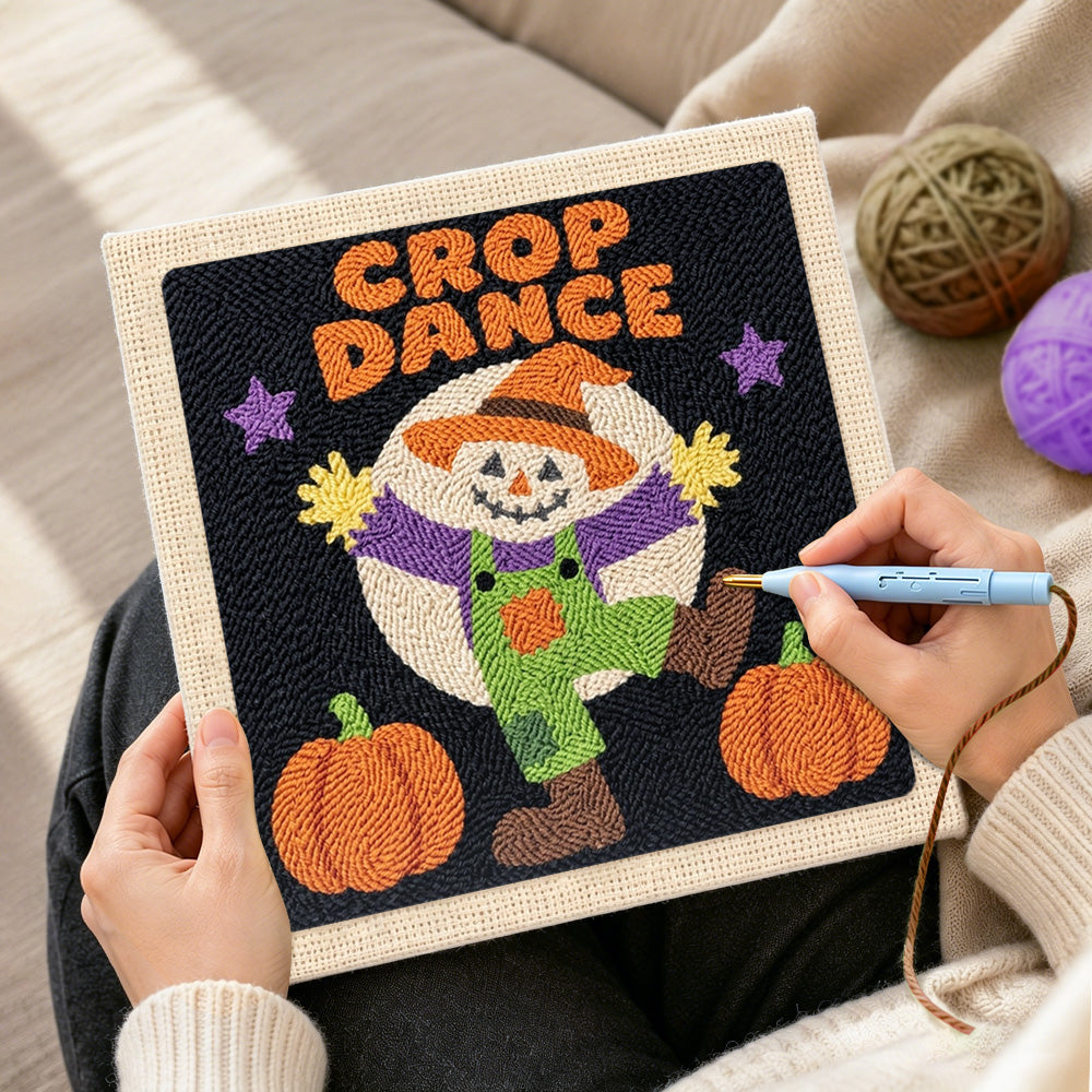 Creating handmade dancing scarecrow under moon punch needle artwork