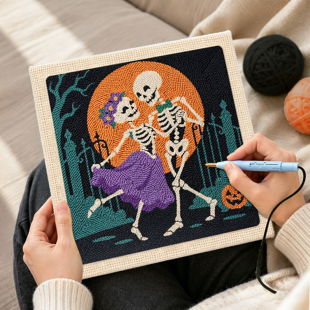 Creating handmade dancing skeleton couple punch needle artwork