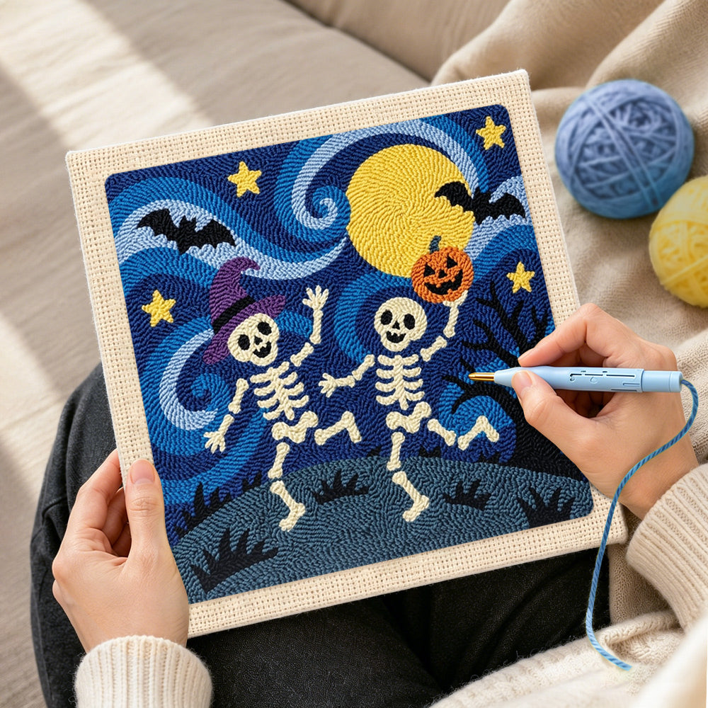 Creating handmade dancing skeletons under moon punch needle artwork