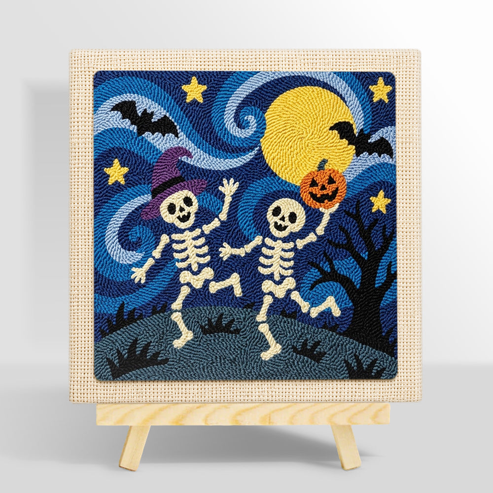 Dancing skeletons under moon punch needle kit for beginners
