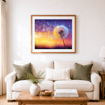 Finished dandelion at sunset glow cross stitch artwork displayed as home decor