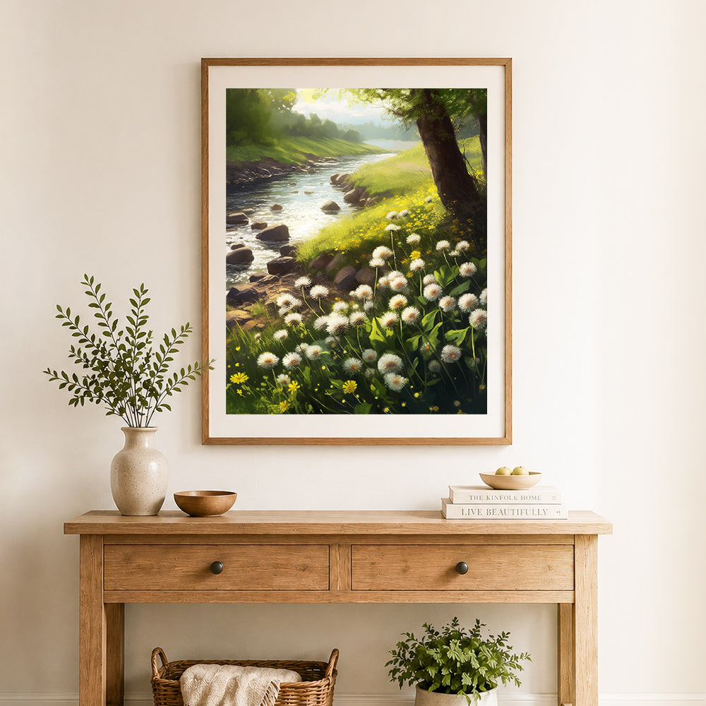Finished dandelion riverside cross stitch artwork displayed as home decor