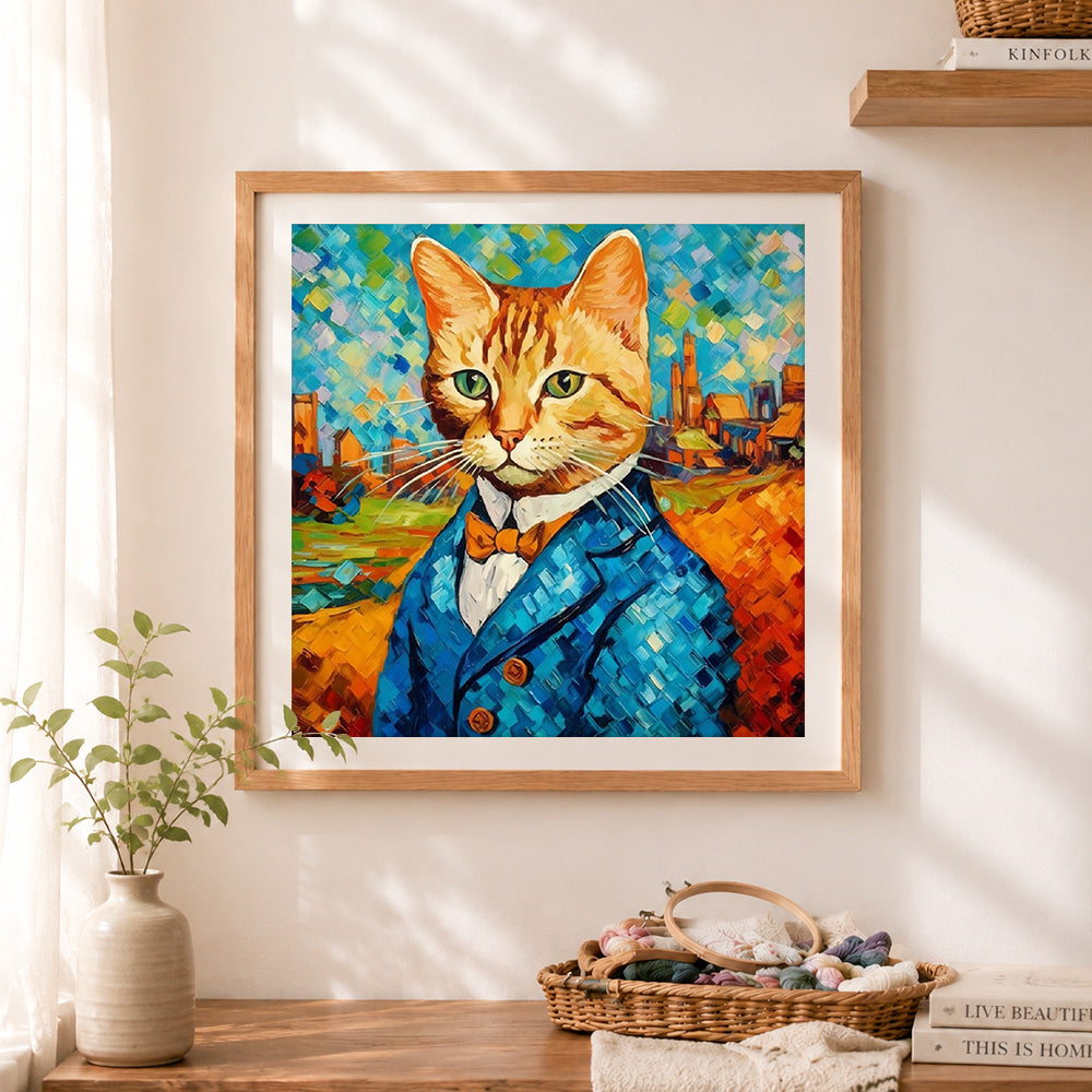 Finished dapper ginger cat in suit cross stitch artwork displayed as home decor