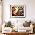 Finished dappled sunlight owl cross stitch artwork displayed as home decor