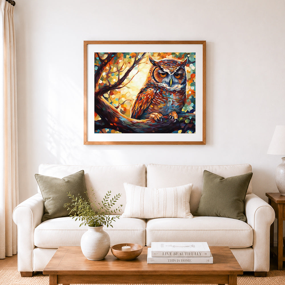 Finished dappled sunlight owl cross stitch artwork displayed as home decor
