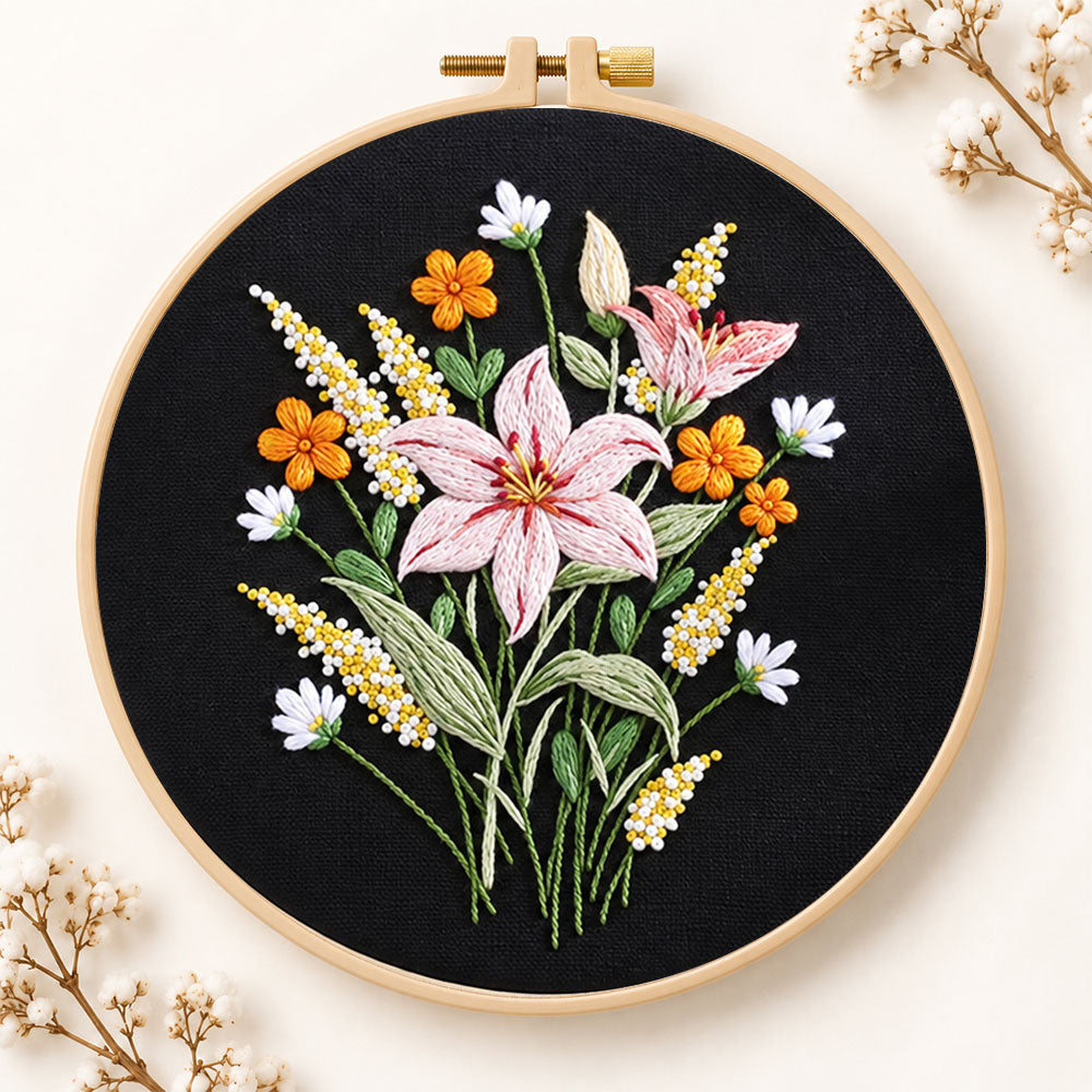 Dark background lilies embroidery kit
