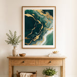 Finished dark emerald gold marble cross stitch artwork displayed as home decor