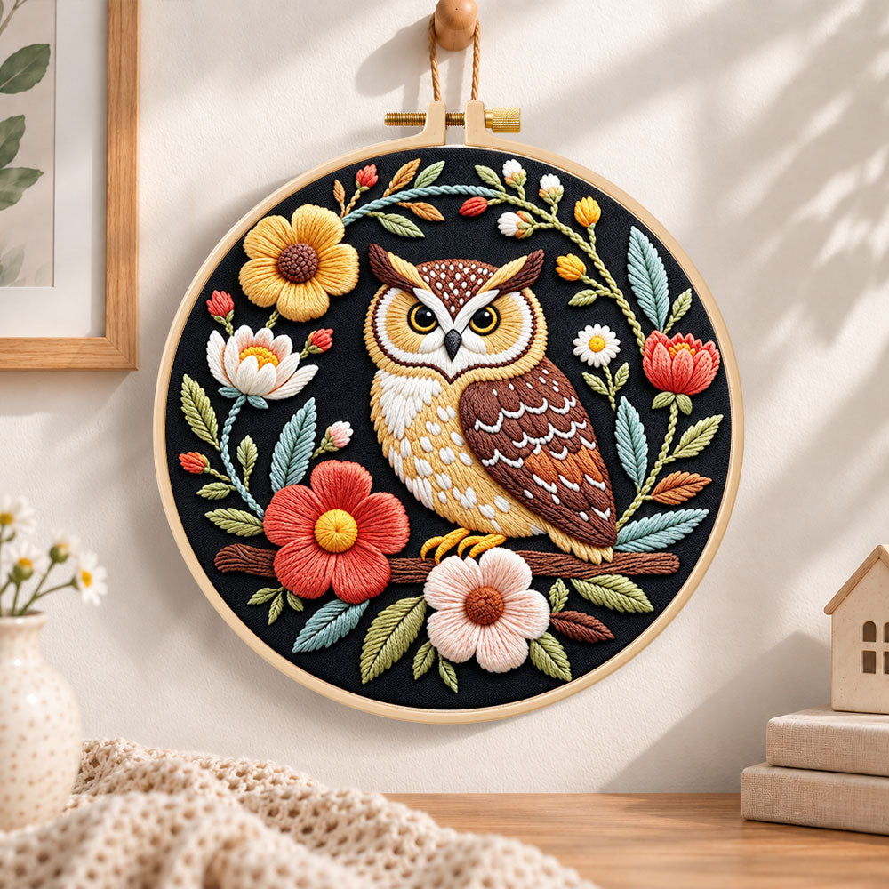 Dark floral owl embroidery hoop wall art displayed as warm and cozy handmade home decor