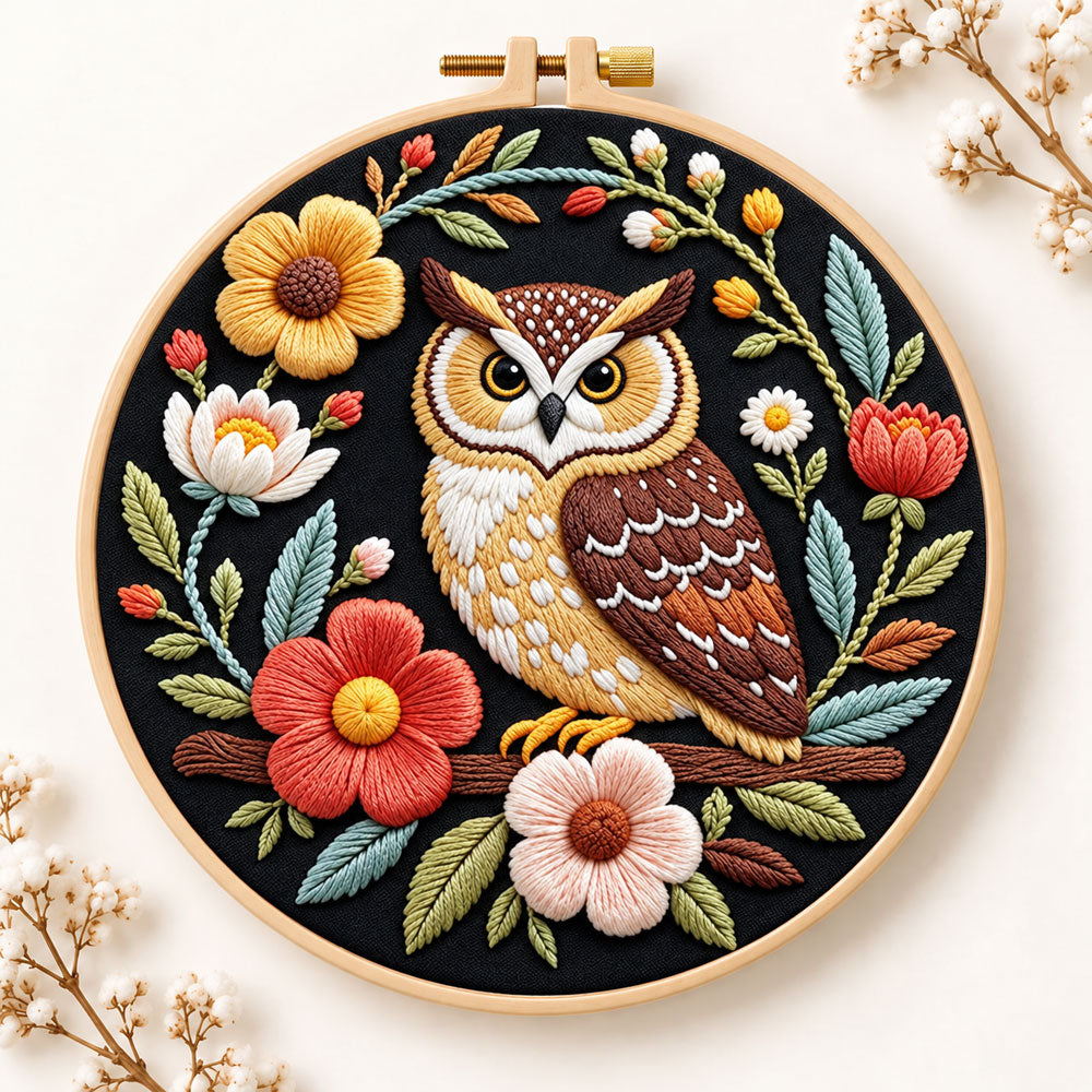 Dark floral owl embroidery kit