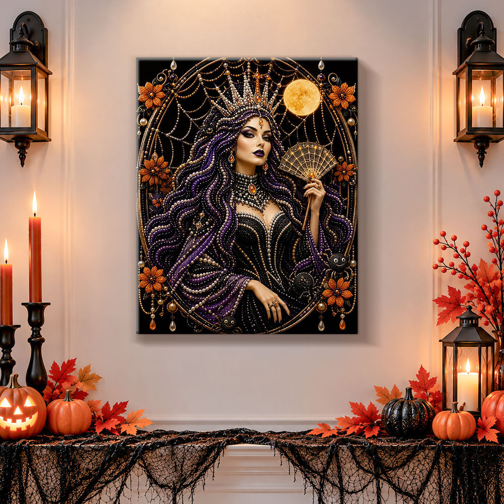 Finished dark moon queen with fan pearl diamond painting artwork displayed as holiday home decor